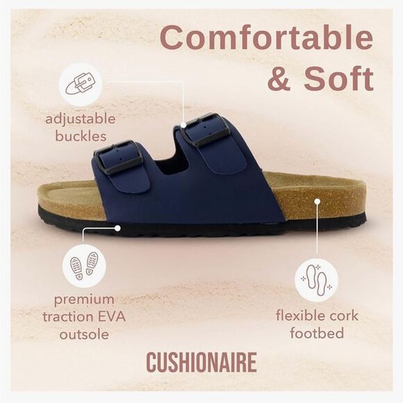 Cushionaire LANE Blue Nappa Leather Suede Pad Double Strap Slide Sandal - Picture 5 of 16